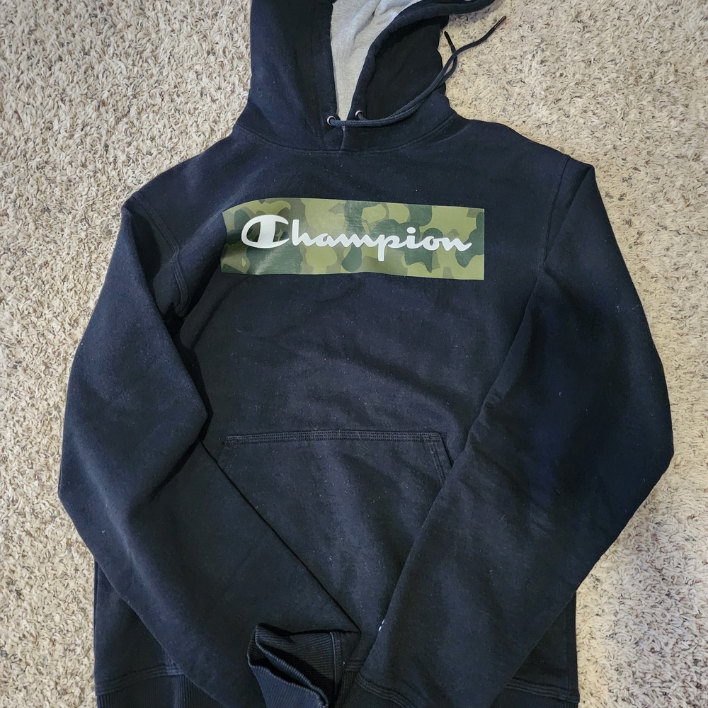 Champion Black Hoodie with Green Camo Logo